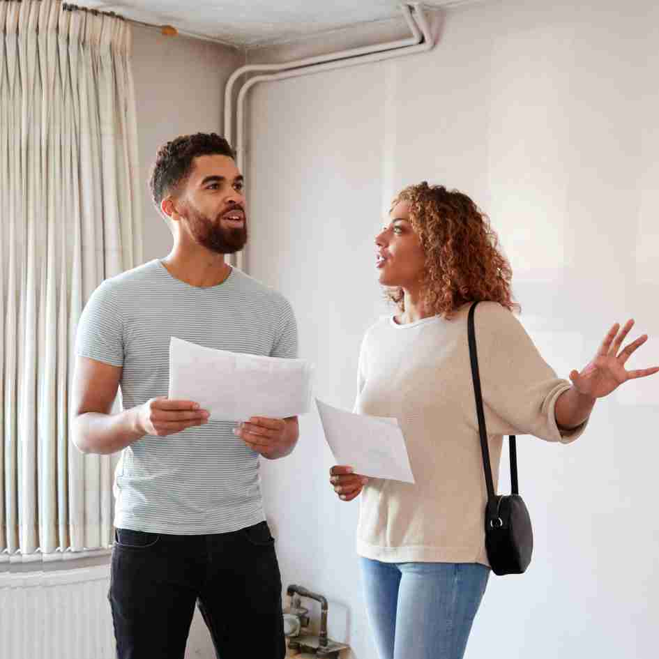 A couple looking at a house and considering what house survey to use,